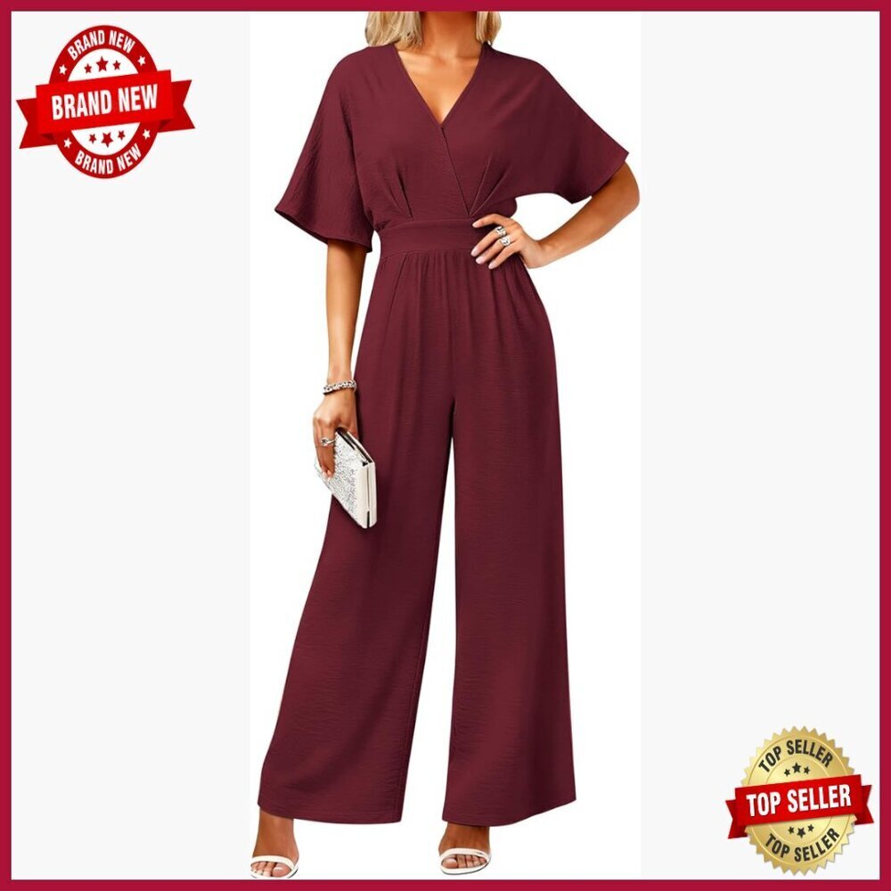 V-Neck Batwing Sleeve Wide Leg Jumpsuit Size XL Polyester Dressy Casual